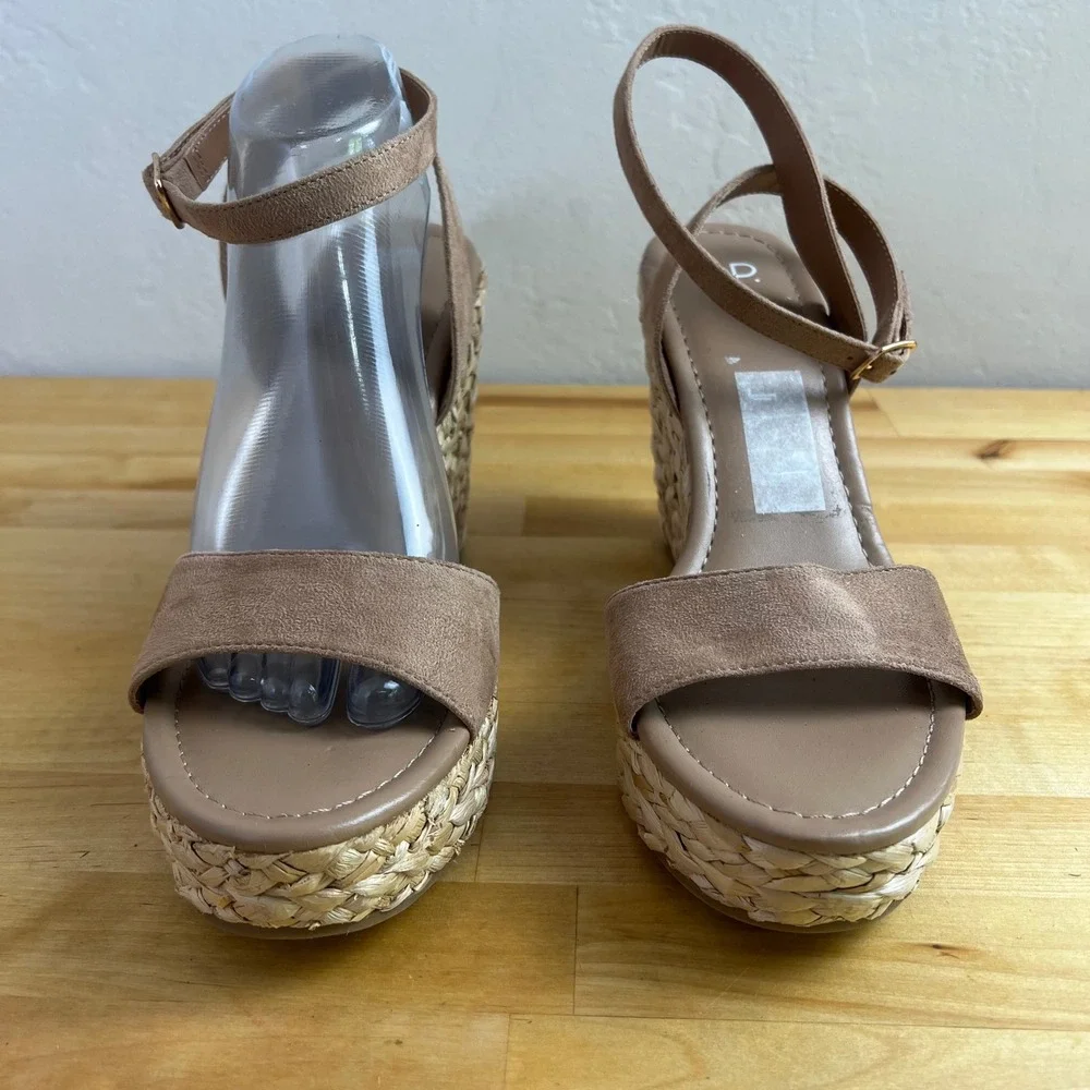 BP Wedges Ginny Tan Faux Suede Ankle Strap Woven Espadrille‎ Sandals Size 9.5 M